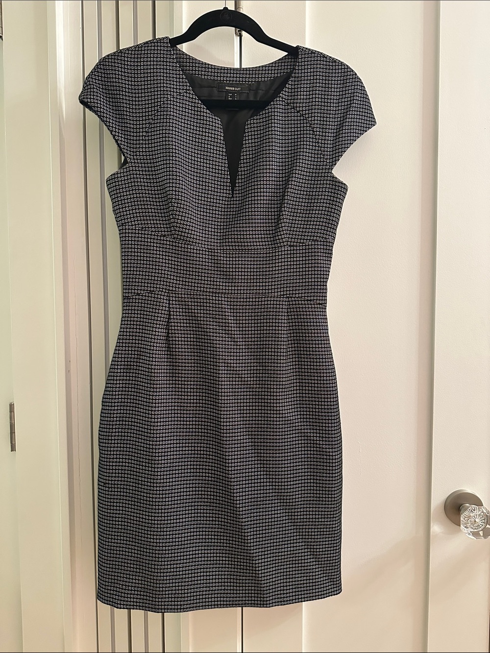 Mango Black & White Cap-Sleeve Sheath Dress with Notch V